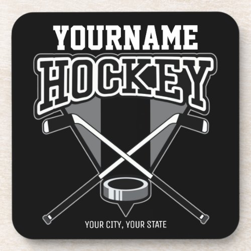 Personalized NAME Hockey Player Stick Puck Team Beverage Coaster