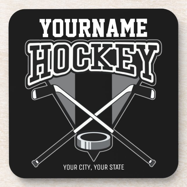 Personalized NAME Hockey Player Stick Puck Team Beverage Coaster (Front)