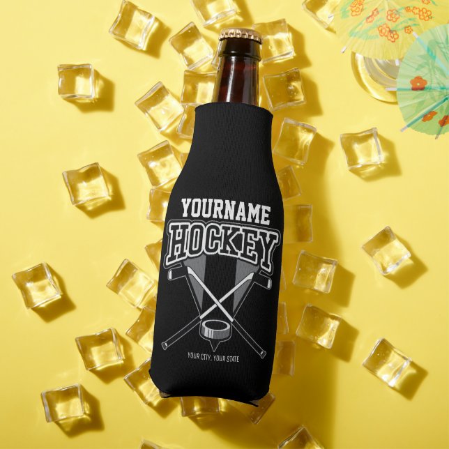 Personalized NAME Hockey Player Stick Puck Team  Bottle Cooler (In Situ Summer)