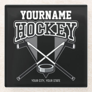 Personalized NAME Hockey Player Stick Puck Team Glass Coaster