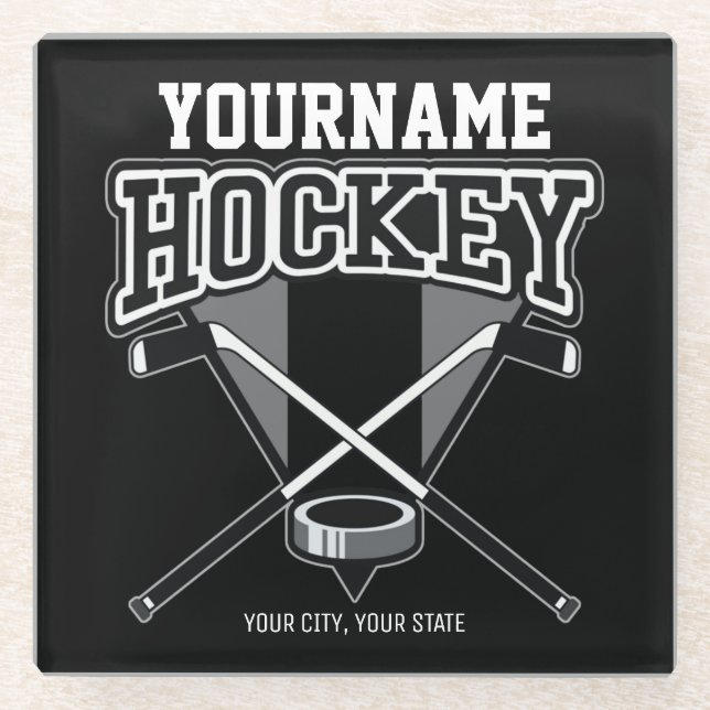 Personalized NAME Hockey Player Stick Puck Team  Glass Coaster (Front)