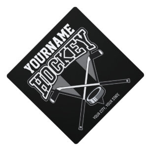 Personalized NAME Hockey Player Stick Puck Team Graduation Cap Topper