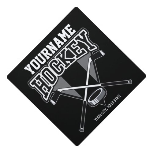 Personalized NAME Hockey Player Stick Puck Team   Graduation Cap Topper