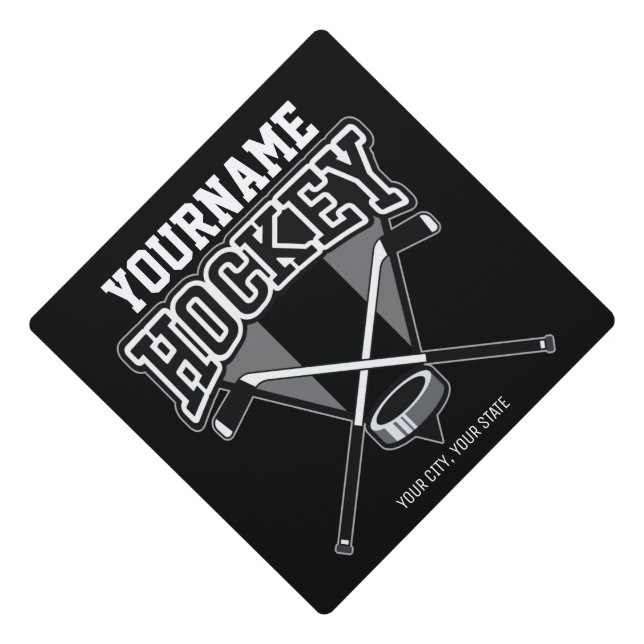 Personalized NAME Hockey Player Stick Puck Team   Graduation Cap Topper (Front)
