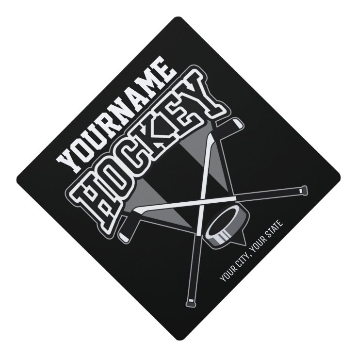 Personalized NAME Hockey Player Stick Puck Team Graduation Cap Topper