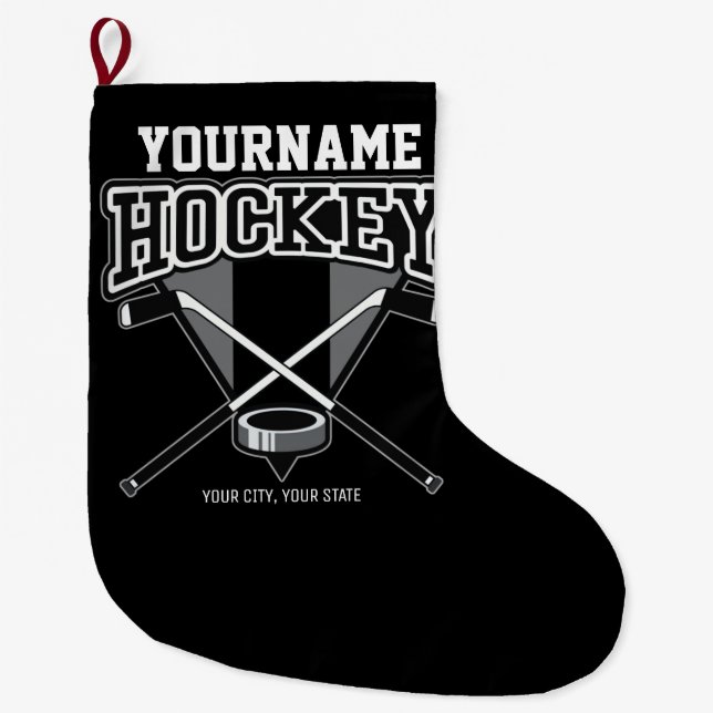 Personalized NAME Hockey Player Stick Puck Team Large Christmas Stocking (Front)