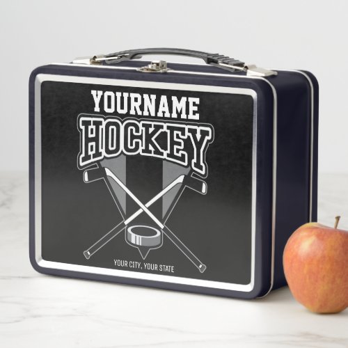 Personalized NAME Hockey Player Stick Puck Team   Metal Lunch Box