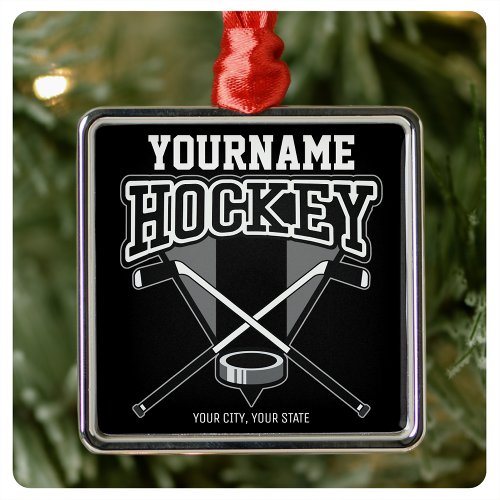 Personalized NAME Hockey Player Stick Puck Team   Metal Ornament