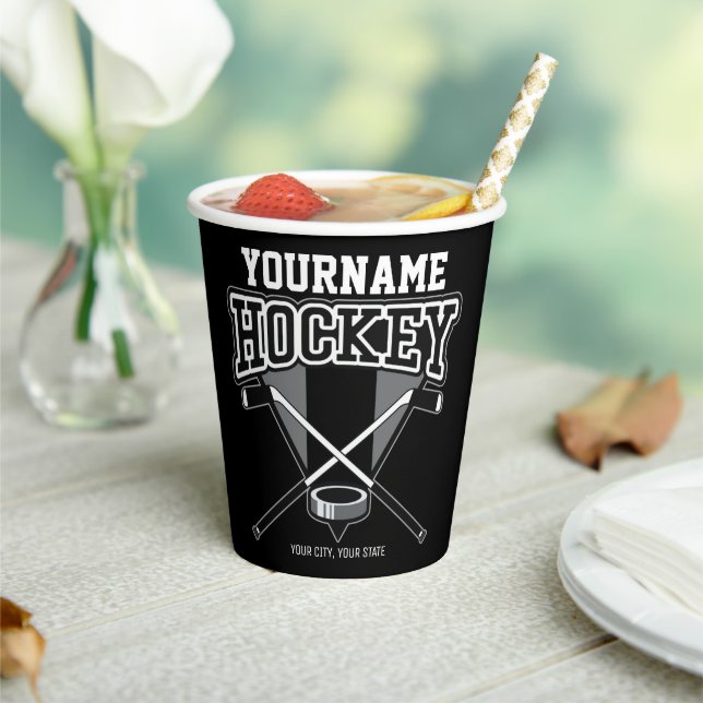 Personalized NAME Hockey Player Stick Puck Team   Paper Cups (Insitu)