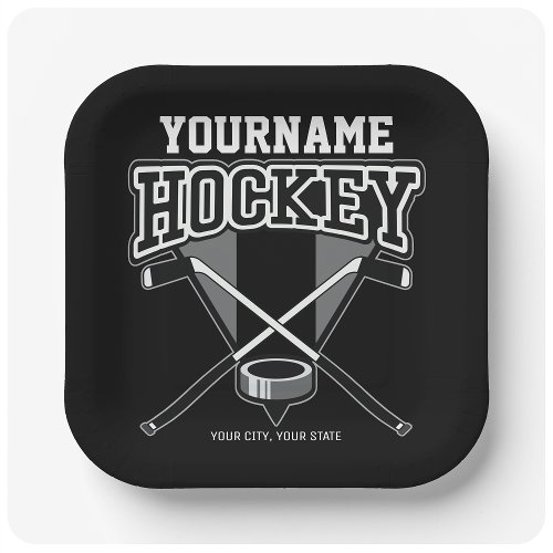 Personalized NAME Hockey Player Stick Puck Team   Paper Plates