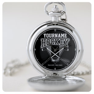 Personalized NAME Hockey Player Stick Puck Team Pocket Watch