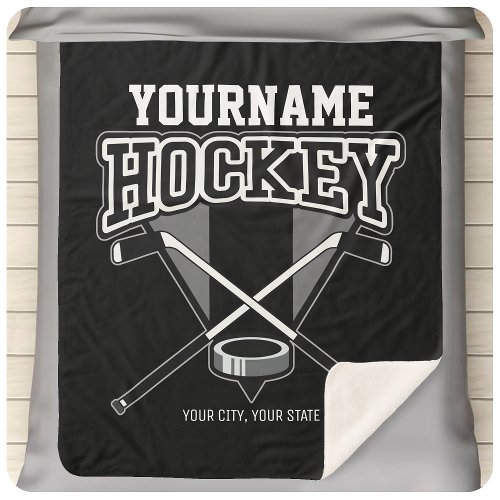 Personalized NAME Hockey Player Stick Puck Team  Sherpa Blanket