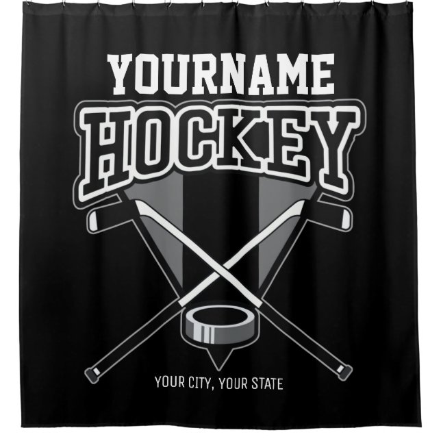 Personalized NAME Hockey Player Stick Puck Team  Shower Curtain (Front)