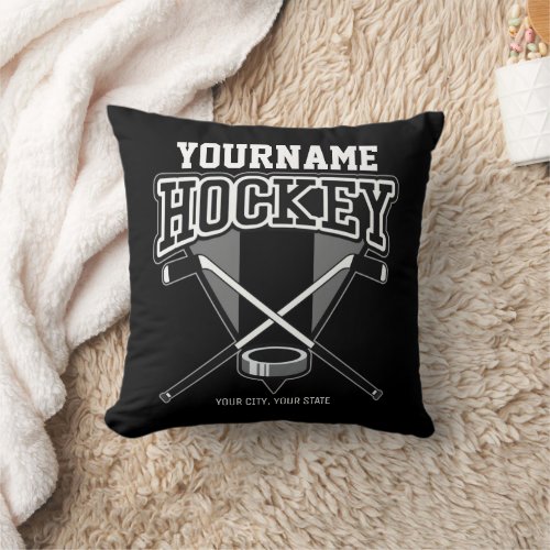 Personalized NAME Hockey Player Stick Puck Team  Throw Pillow