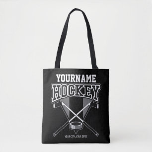 Personalized NAME Hockey Player Stick Puck Team Tote Bag