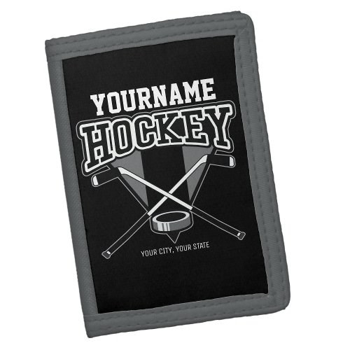 Personalized NAME Hockey Player Stick Puck Team   Trifold Wallet