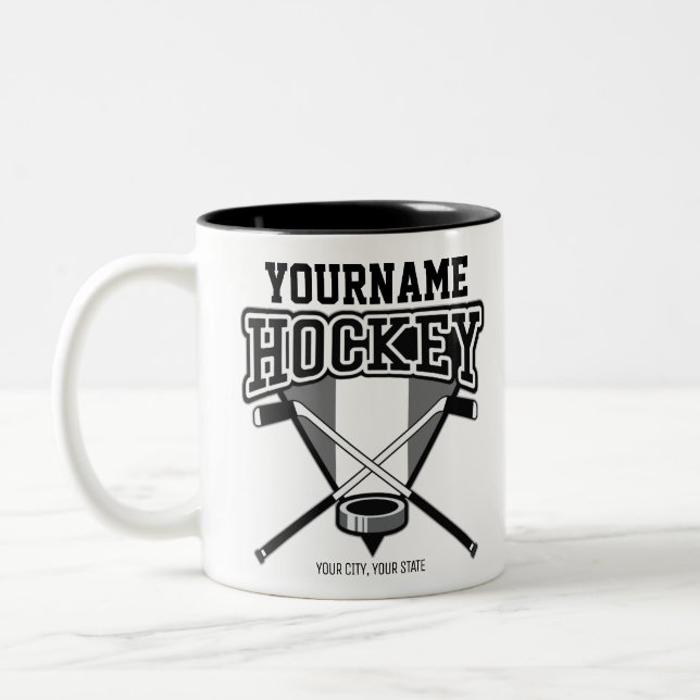 Personalized NAME Hockey Player Stick Puck Team   Two-Tone Coffee Mug (Left)
