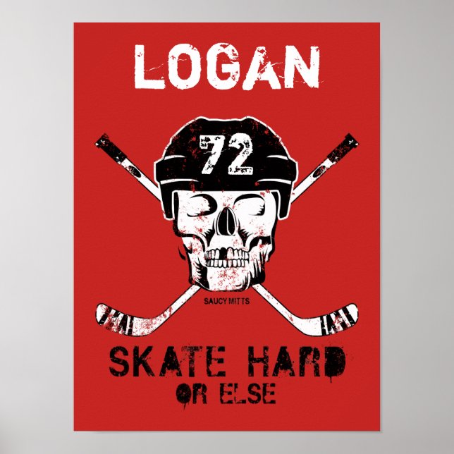 Personalized Name Hockey Skull Helmet Sticks Red Poster (Front)