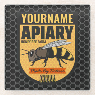 Personalized NAME Honey Bee Apiary Beehives Farm Glass Coaster
