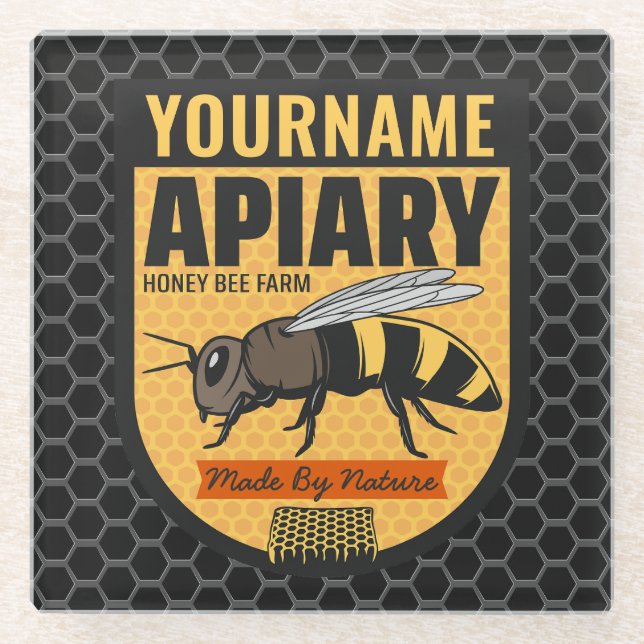 Personalized NAME Honey Bee Apiary Beehives Farm  Glass Coaster (Front)