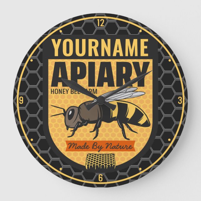 Personalized NAME Honey Bee Apiary Beehives Farm  Large Clock (Front)