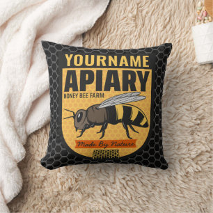 Personalized NAME Honey Bee Apiary Beehives Farm Throw Pillow