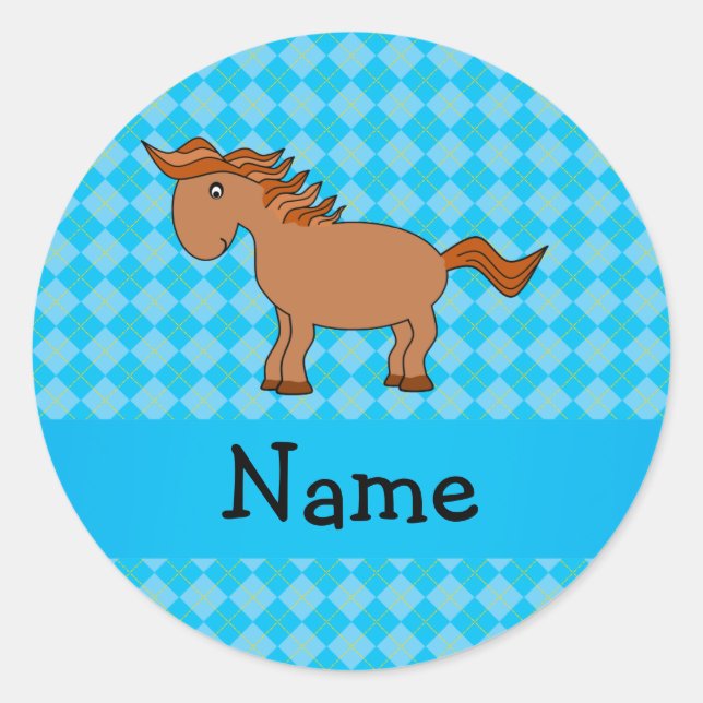 Personalized name horse blue argyle classic round sticker (Front)