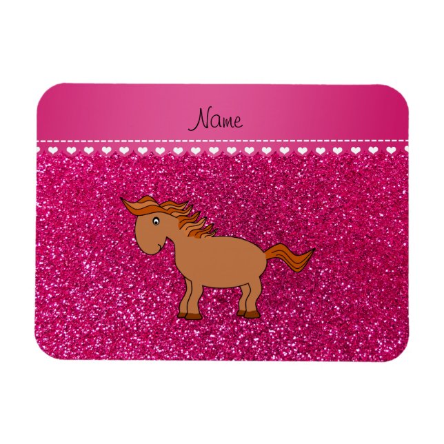 Personalized name horse neon hot pink glitter magnet (Horizontal)