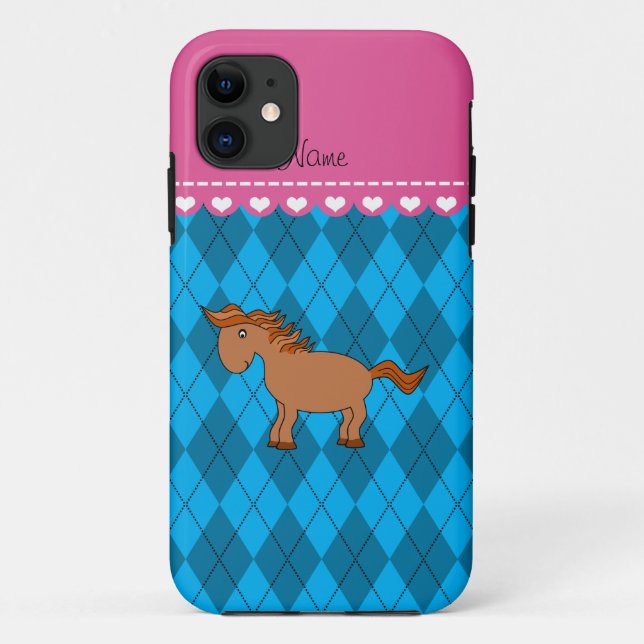 Personalized name horse sky blue argyle Case-Mate iPhone case (Back)