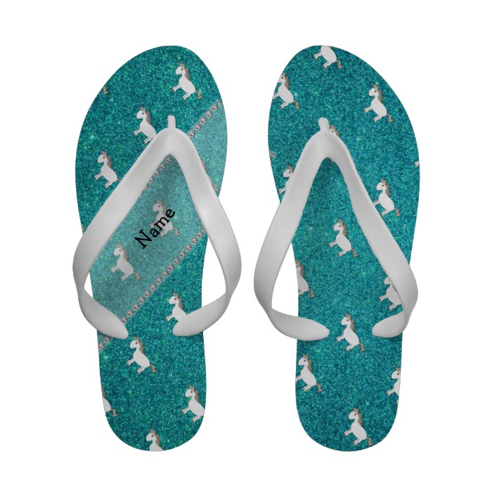 Personalized name horse turquoise glitter flip flops