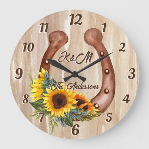 Personalized name horseshoe with sunflowers wood large clock