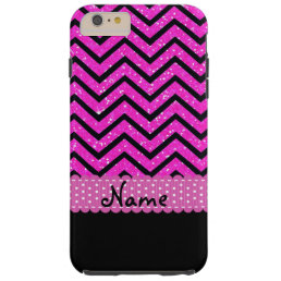 Personalized Name Hot Pink Glitter Black Chevrons Tough iPhone 6 Plus Case