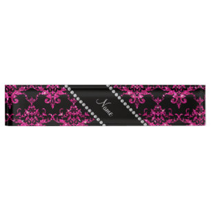 Personalized name hot pink glitter damask desk name plate