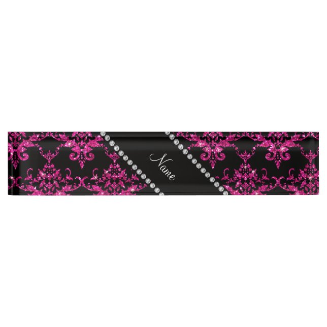 Personalized name hot pink glitter damask desk name plate (Front)