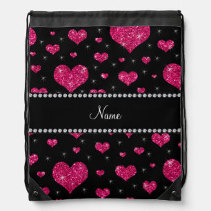 Personalized name hot pink glitter hearts drawstring bag