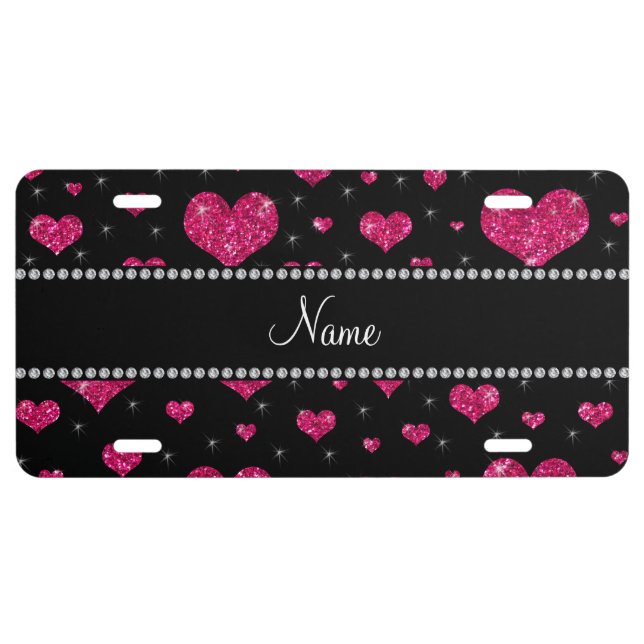 Personalized name hot pink glitter hearts license plate (Front)