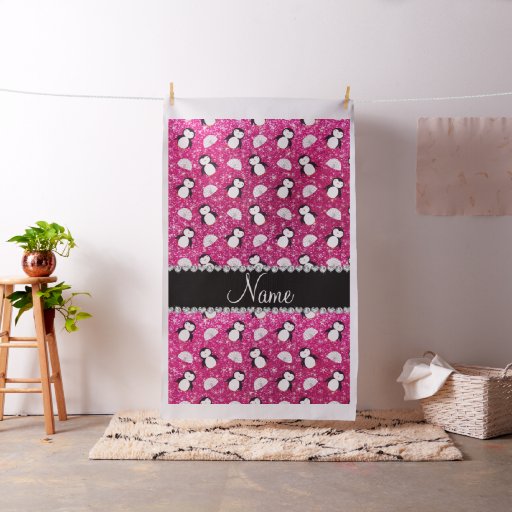 Personalized name hot pink glitter penguins igloos fabric