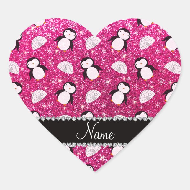 Personalized name hot pink glitter penguins igloos heart sticker (Front)