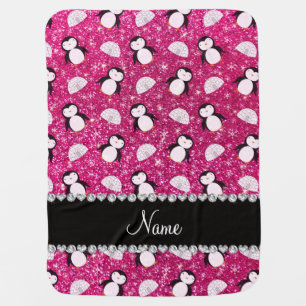 Personalized name hot pink glitter penguins igloos swaddle blanket