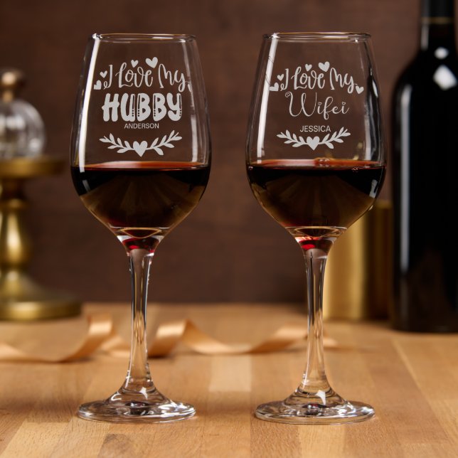 Personalized Name I Love My Hubby Wifei Wine Glass (Party)