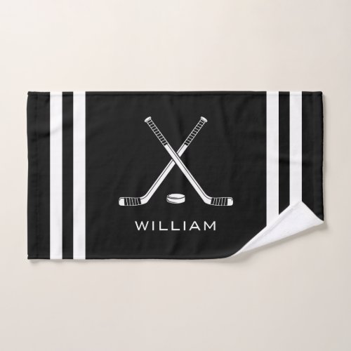 Personalized Name Ice Hockey Black Stripes Hand Towel