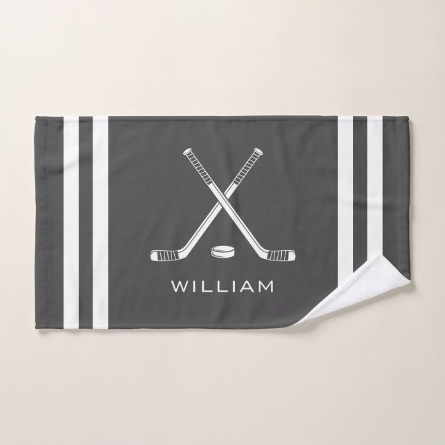 Personalized Name Ice Hockey Dark Grey Stripes Hand Towel (Hand Towel)