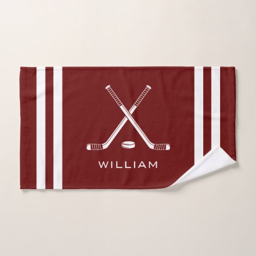 Personalized Name Ice Hockey Dark Red Stripes Hand Towel