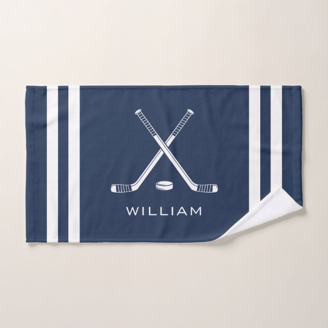 Personalized Name Ice Hockey Navy Blue Stripes Hand Towel (Hand Towel)