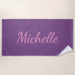 [ Thumbnail: Personalized Name in Pink Script On Purple Beach Towel ]
