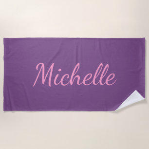 Personalized Name in Pink Script on Purple Beach Towel