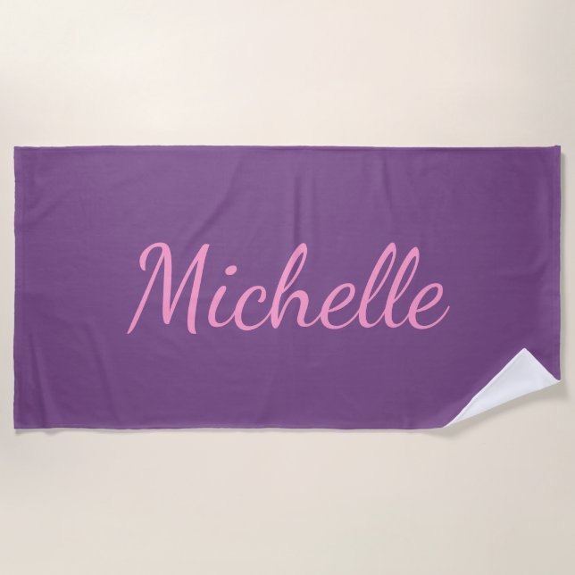 Personalized Name in Pink Script on Purple Beach Towel (Front)