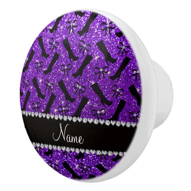 Personalized name indigo purple glitter boots bows ceramic knob (Right)