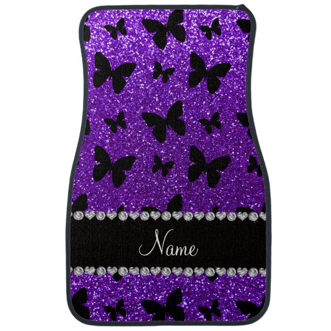 Personalized name indigo purple glitter butterfly car mat (Front)