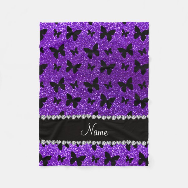 Personalized name indigo purple glitter butterfly fleece blanket (Front)